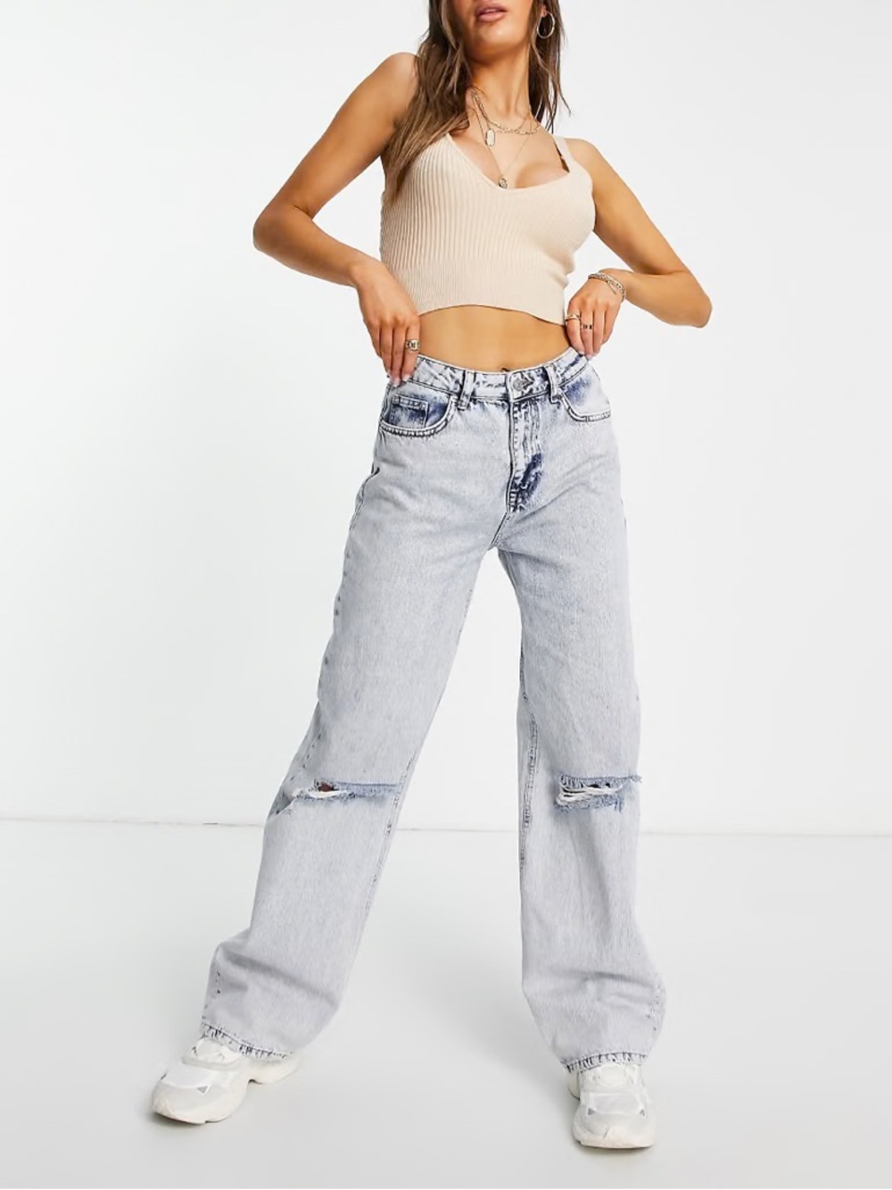 NA-KD Acid Wash Wide Leg Destroyed Jeans - SZ 34